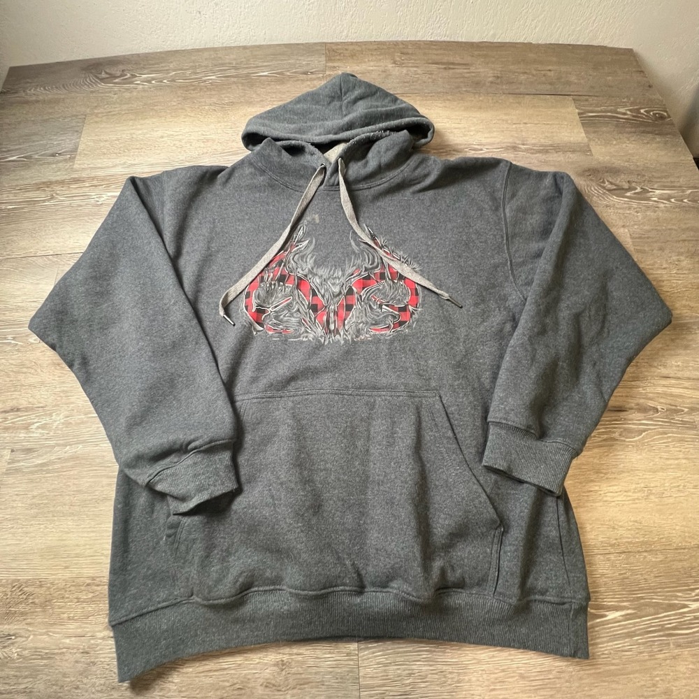 Realtree Hoodie Mens Medium Gray Buffalo Plaid Deer Skull Graphic Pullover